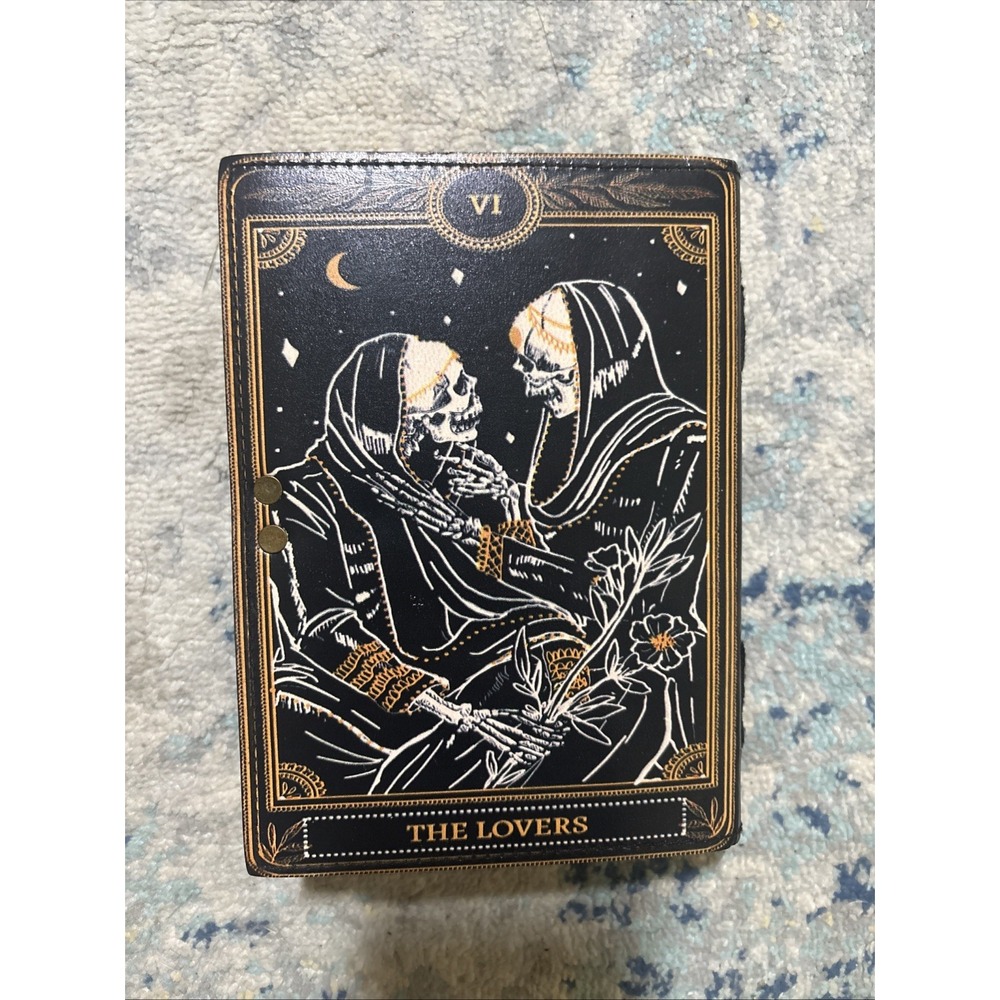 Book of Spells Leather Journal Deckle Paper Grimoire The Lovers Tarot Skull EUC - Picture 3 of 6
